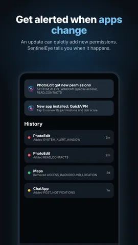 Alerts when an app update adds new permissions, with a change history