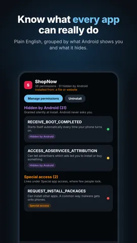 App detail showing 38 permissions, 31 hidden by Android, with plain-English explanations
