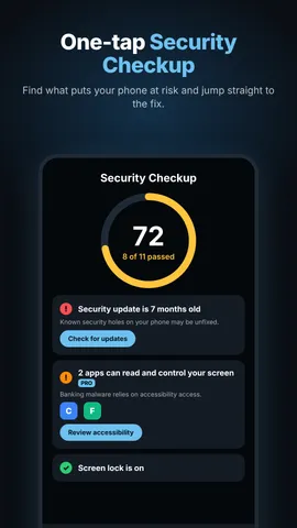 Security Checkup scoring 72 with 8 of 11 checks passed and one-tap fixes