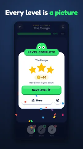 Level complete screen with three stars, 30 coins and a new picture for the album