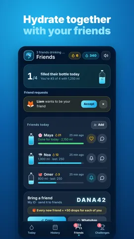 Friends screen showing who filled their bottle today, a friend request and a friend ID to share