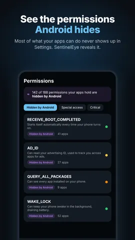 List of permissions Android hides, such as RECEIVE_BOOT_COMPLETED and QUERY_ALL_PACKAGES