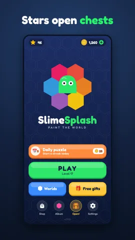 Slime Splash home screen with the daily puzzle, Play, Worlds and Free gifts