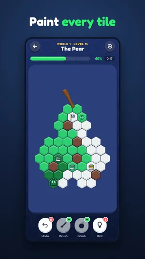 Slime Splash level 15, The Pear: the slime paints hex tiles green on its way to the exit flag
