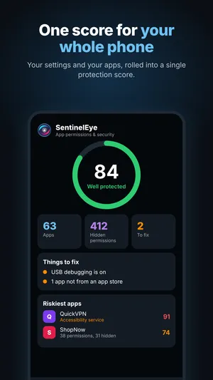 SentinelEye home screen with a protection score of 84 and the riskiest apps