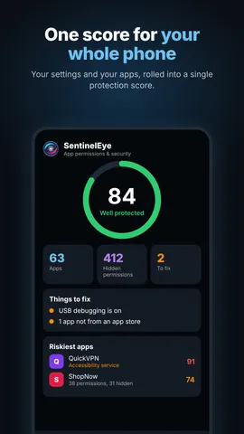 SentinelEye home screen with a protection score of 84 and the riskiest apps