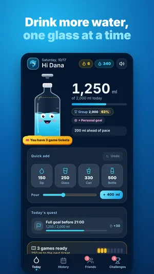 Waterbuddies today screen: a smiling bottle at 1,250 of 2,000 ml with quick add buttons for sip, glass, can and bottle